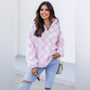 New Pink Lily Checkered Sherpa Fleece Quarter Zip Pullover Teddy Jacket Top XS💖